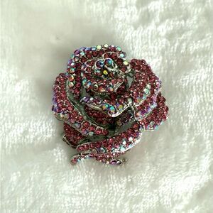 Elegant Pink Rhinestone Rose Brooch NWOT